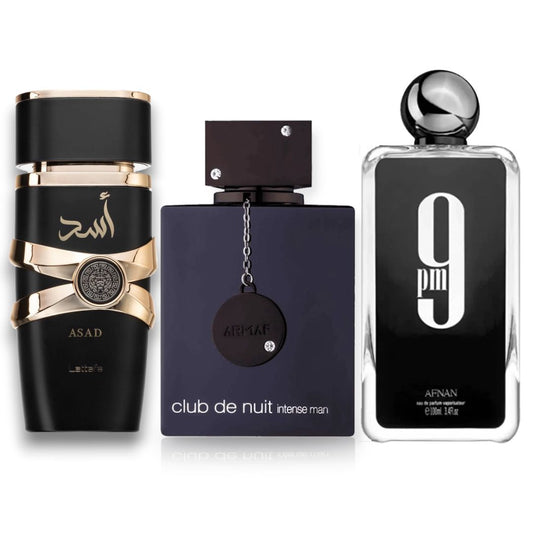 Promo 16: Lattafa Asad 100 ML + GRATIS: Afnan 9 PM 100 ML + GRATIS: Club de Nuit 105 ML